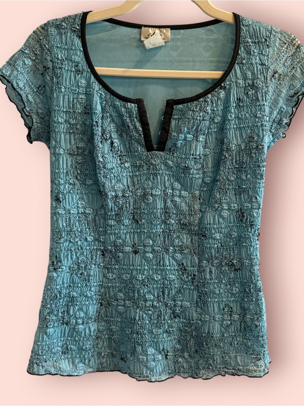 Vintage Y2K Smocked Blue Floral Mesh Top Stretch Fitted Fairy Grunge
